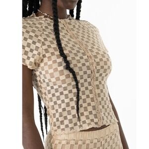 NWT Find Me Now Harmony Checkered Mesh Baby Tee Sand Short Sleeve Top - XLarge